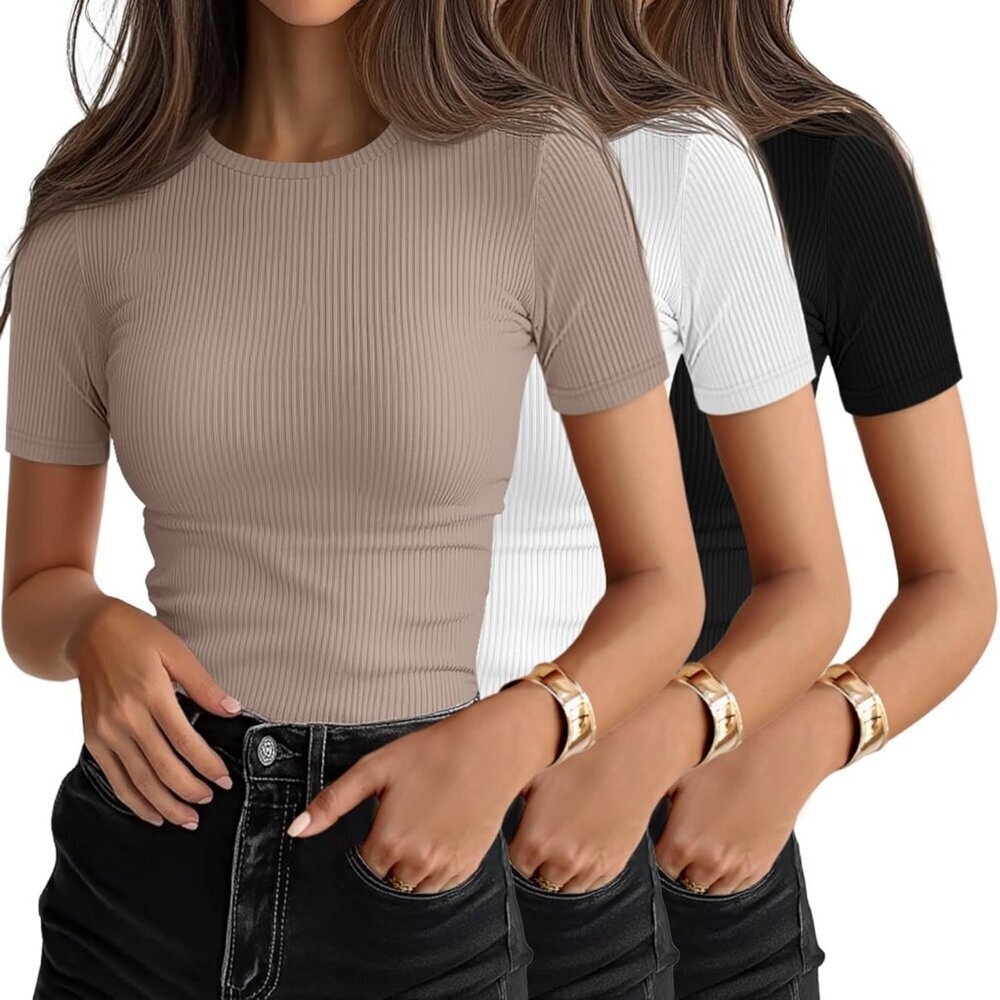 3 Pack Women's Cotton Ribbed Tees Short Sleeve Crewneck Casual Tops